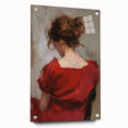 Abstract figurative acrylic artwork displayed in a glass frame from a side view, featuring vibrant colors and intricate pin details, ideal for modern decor.