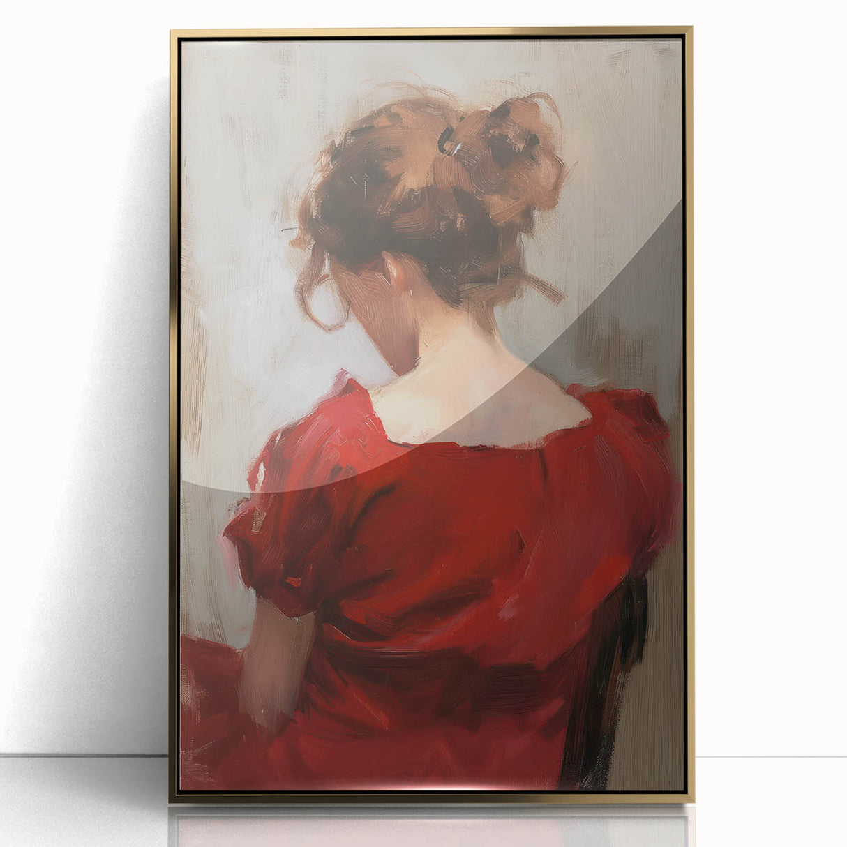 Abstract figurative artwork in a sleek gold frame, showcasing vibrant colors and dynamic shapes, ideal for modern home decor and artistic expression.