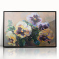 Framed abstract floral artwork in vibrant colors, featuring a contemporary design with black accents, displayed prominently from a front view, ideal for modern decor.