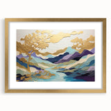 Abstract landscape wall art framed with a gold mat, showcasing vibrant colors and intricate patterns, perfect for modern home decor. Ideal for adding elegance to living spaces.