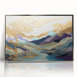 Framed acrylic wall art showcasing an abstract landscape design with silver accents, ideal for modern home decor, set against a bright background.