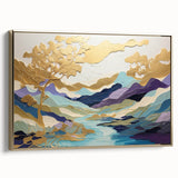 Framed abstract landscape wall art in gold, showcasing vivid colors and dynamic shapes, perfect for modern home decor, displayed in a side view.