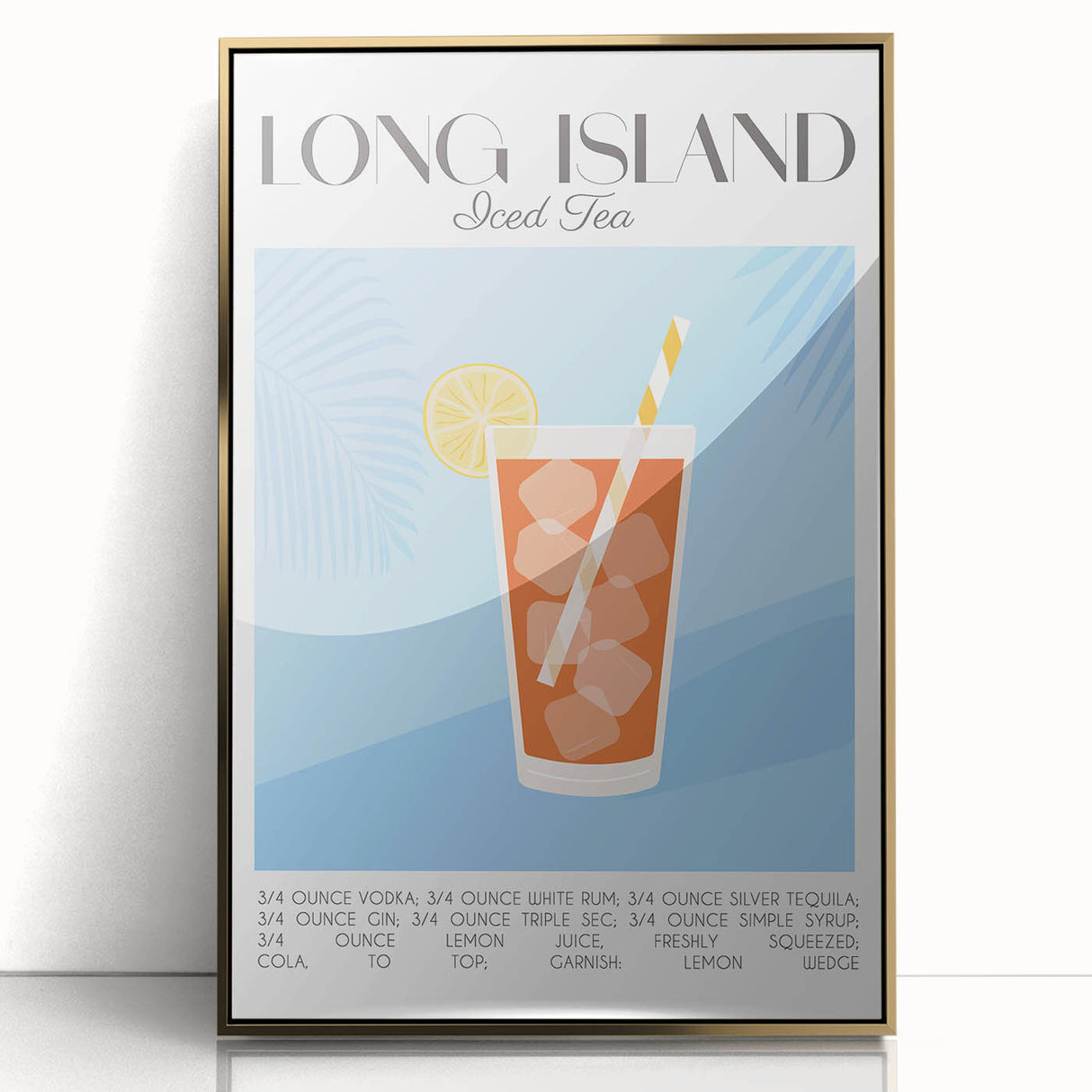 Large art print of a mid-century modernist food and drinks motif in gold tones on framed acrylic.