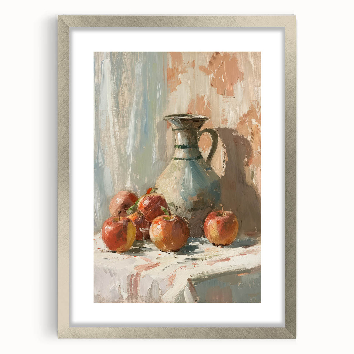 Textured art print featuring abstract fruits in muted earth tones, framed in silver, ideal for bedroom decor.