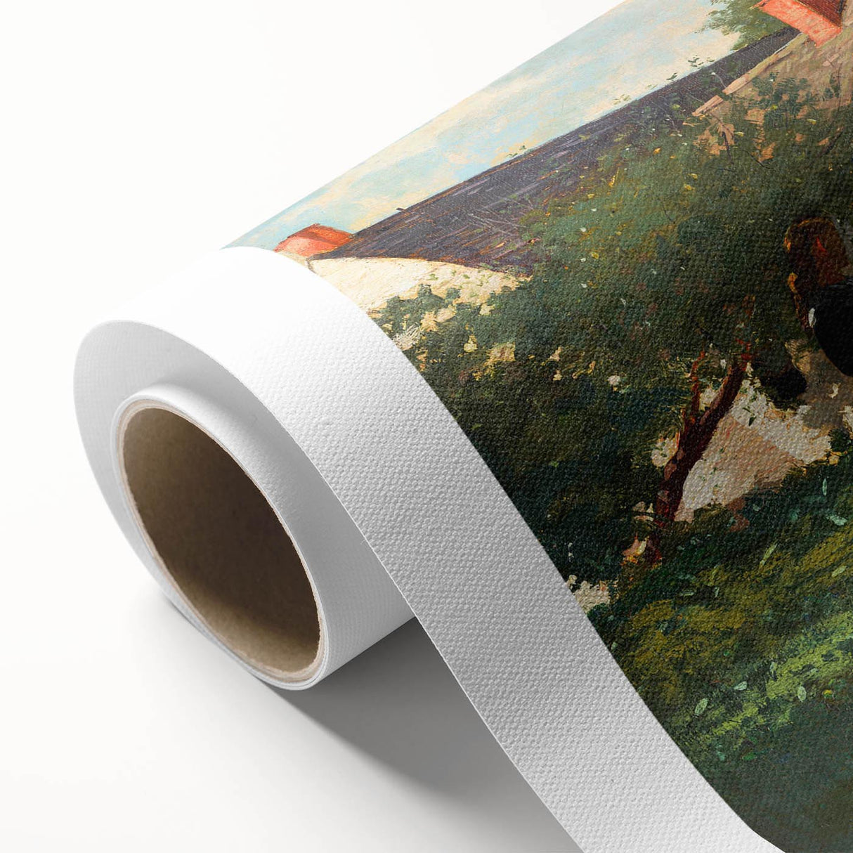 Realism Art Prints - Farmyard Scene with Woman Feeding Birds on Canvas