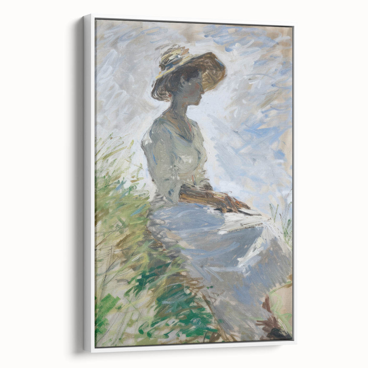 Framed abstract figurative artwork showcasing white hues and fluid shapes, elegantly displayed from the side, ideal for modern home decor enhancements.
