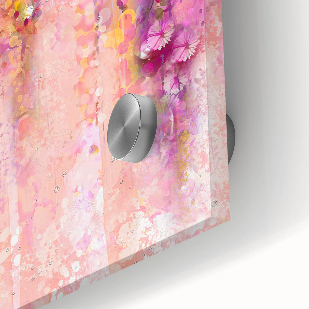 Close-up of vibrant abstract floral acrylic artwork on glass, showcasing intricate details in hues of pink, blue, and green, ideal for modern home decor.