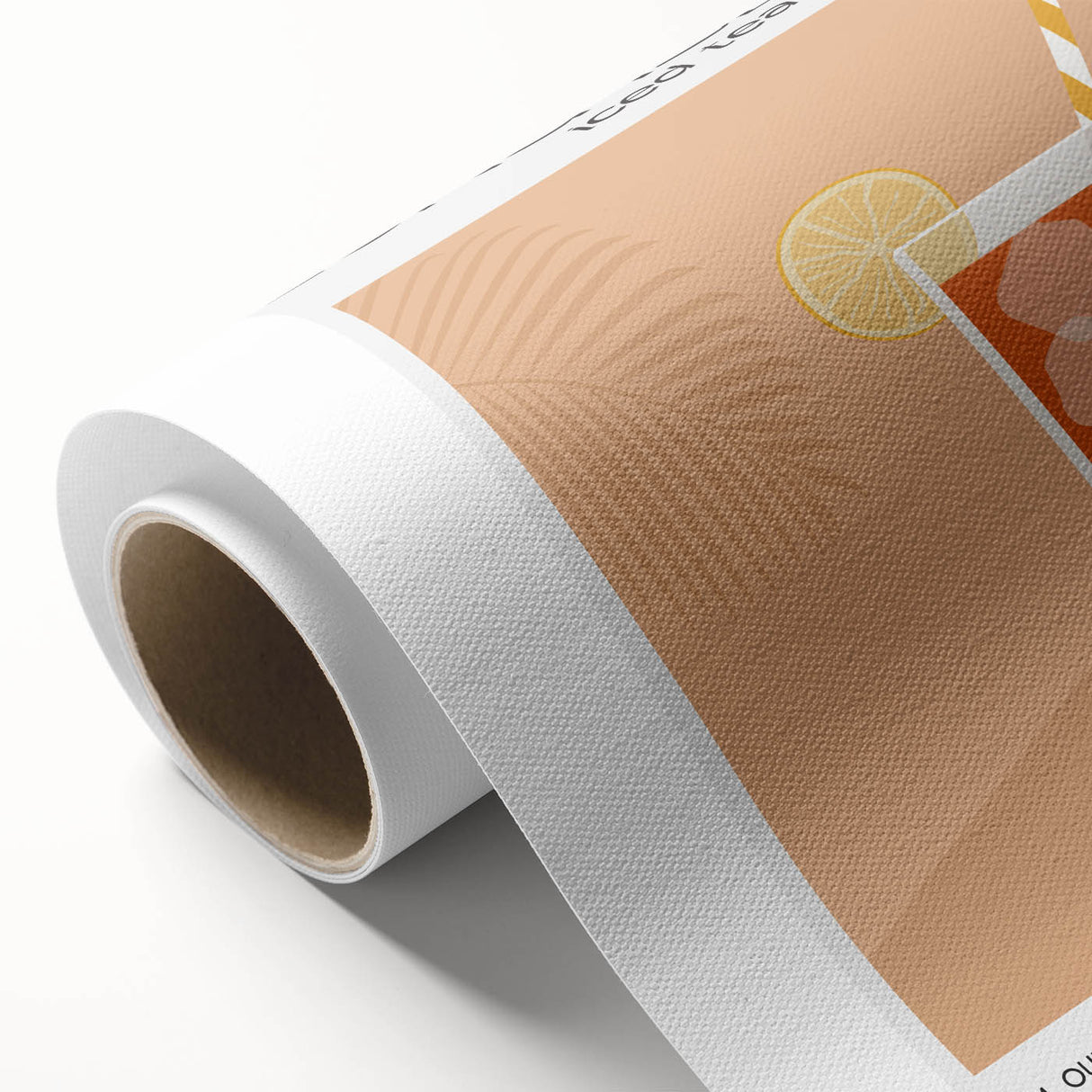 Art deco poster featuring stylized food and drink items in bold colors on rolled canvas.