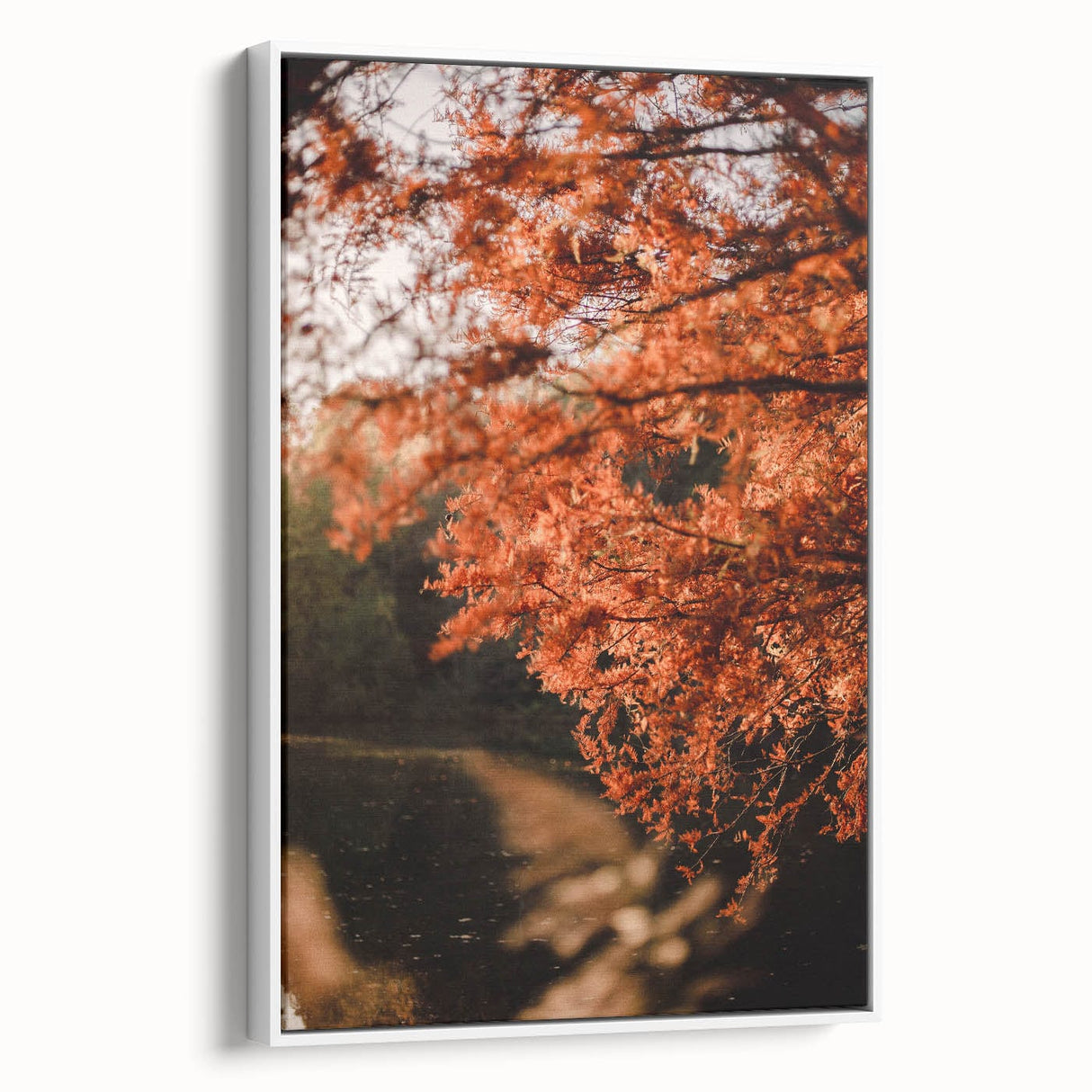Vintage poster art depicting an autumn scene in muted orange and brown tones, framed canvas, ideal for living room decor.