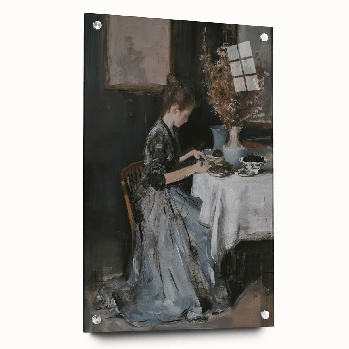 Abstract figurative acrylic artwork displayed in a glass frame, showcasing vibrant colors and dynamic shapes, with decorative pins for a contemporary touch.