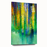 Abstract floral acrylic artwork displayed on clear glass, showcasing vibrant colors and intricate patterns, ideal for modern home decor.