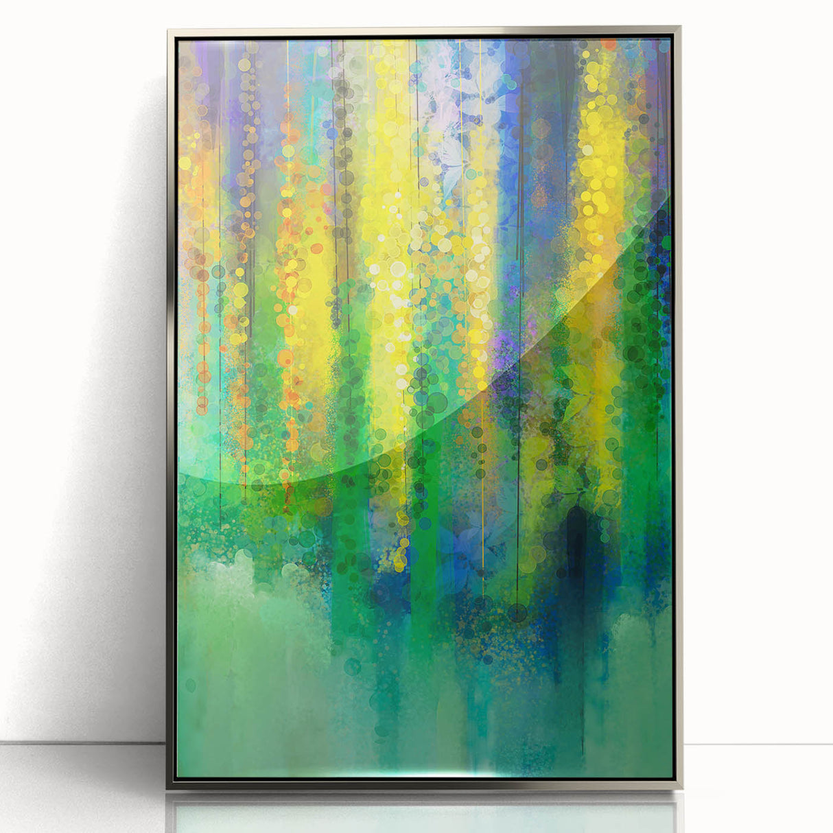 Framed acrylic artwork showcasing an abstract floral design with vibrant colors and a sleek silver frame, ideal for modern home decor accents.