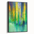 Framed canvas artwork showcasing an abstract floral design with vibrant colors and intricate detailing, viewed from the side against a neutral background, ideal for modern home decor.