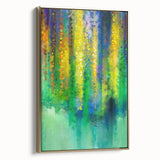 Framed canvas art showcasing an abstract floral design in vibrant colors, accented with a luxurious gold frame, ideal for modern home decor.