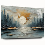 Abstract landscape wall art displayed in a sleek acrylic frame, showcasing vibrant colors and fluid shapes, perfect for modern home decor. The side view highlights the frame's clear edges, creating a contemporary aesthetic ideal for enhancing any living space.
