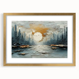 Abstract landscape wall art framed with a mat in gold, showcasing vibrant colors and intricate patterns, perfect for modern home decor and artistic spaces.