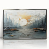 Framed abstract landscape wall art featuring a silver acrylic finish, showcasing vibrant colors and dynamic shapes, ideal for modern home decor.
