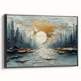 Framed abstract landscape wall art in black frame, showcasing vibrant colors and unique designs, ideal for modern home decor or office spaces.