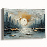 Framed canvas wall art depicting an abstract landscape with silver accents, showcasing vibrant colors and a modern design, ideal for contemporary home decor.