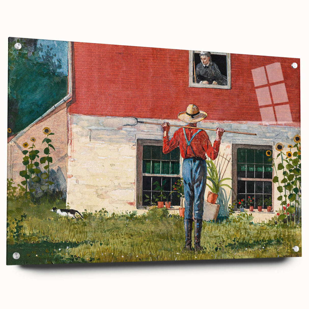 Realism Art Prints - Garden Scene with Farmer and Red House on Canvas