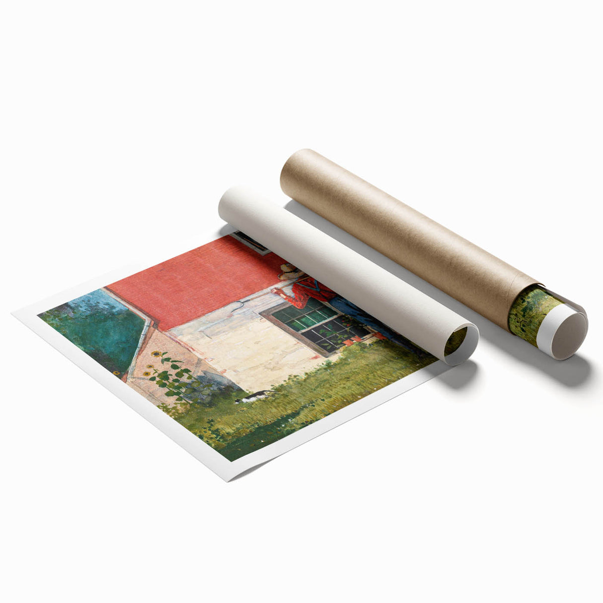Realism Art Prints - Garden Scene with Farmer and Red House on Canvas
