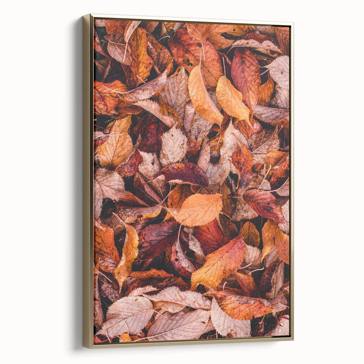 Framed canvas featuring a vintage-style landscape painting with autumn trees in gold and black tones.