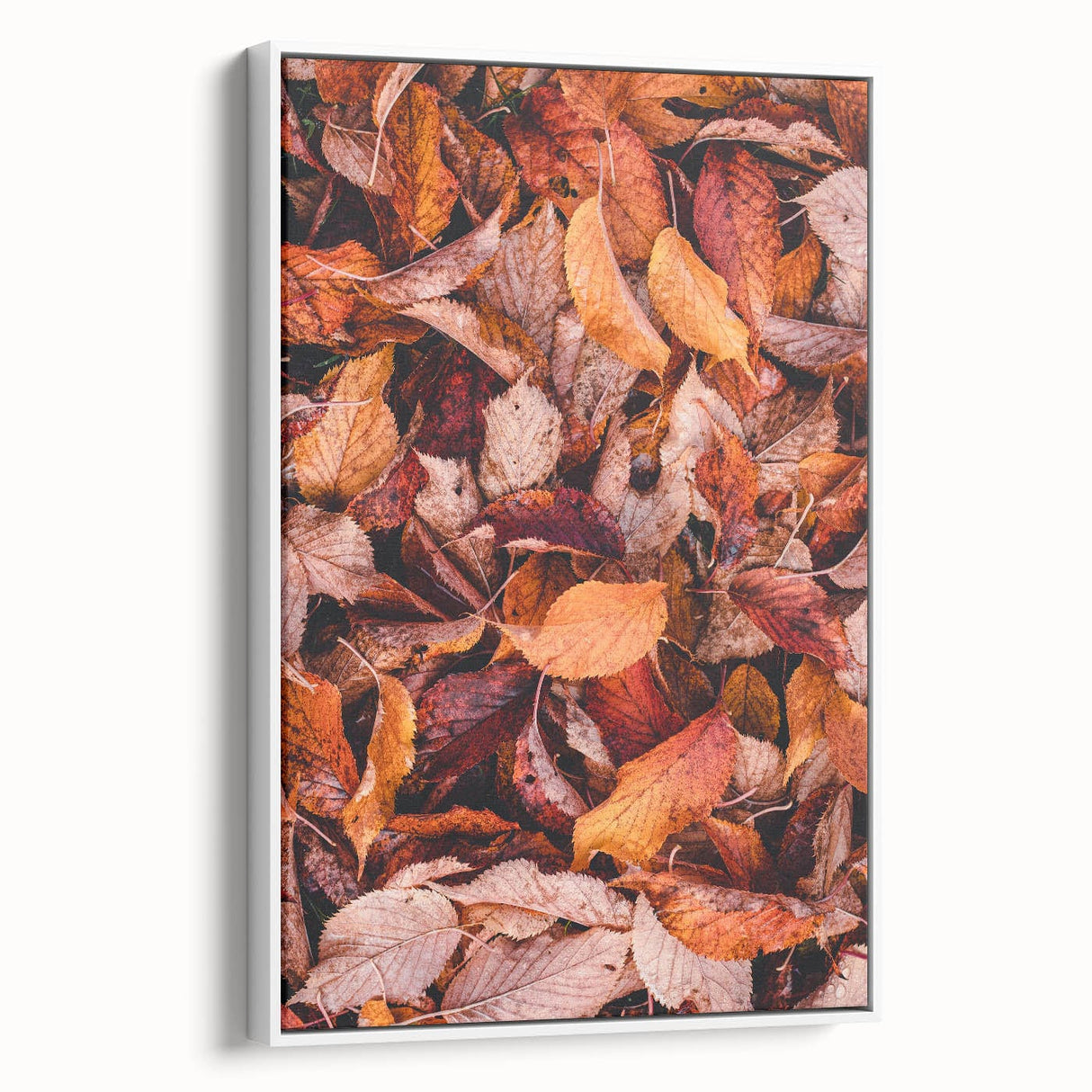 Vintage poster art of an autumnal scene on framed canvas, featuring a palette of orange and brown.