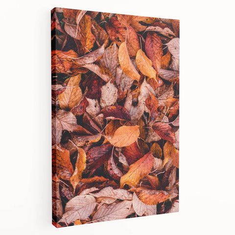 Large art depicting a fall scene with warm orange and red leaves on a stretched canvas, ideal for kitchen wall art.