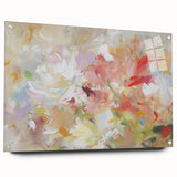 Abstract floral design on acrylic glass, showcasing vibrant colors and intricate details, presented at a side view with decorative pins for hanging. Ideal for modern decor.