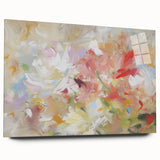 Abstract floral acrylic artwork displayed on a sleek glass panel, showcasing vibrant colors and intricate designs, perfect for modern home decor.