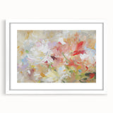Abstract floral artwork in a white frame with a mat, showcasing vibrant colors and intricate designs, perfect for modern home decor.