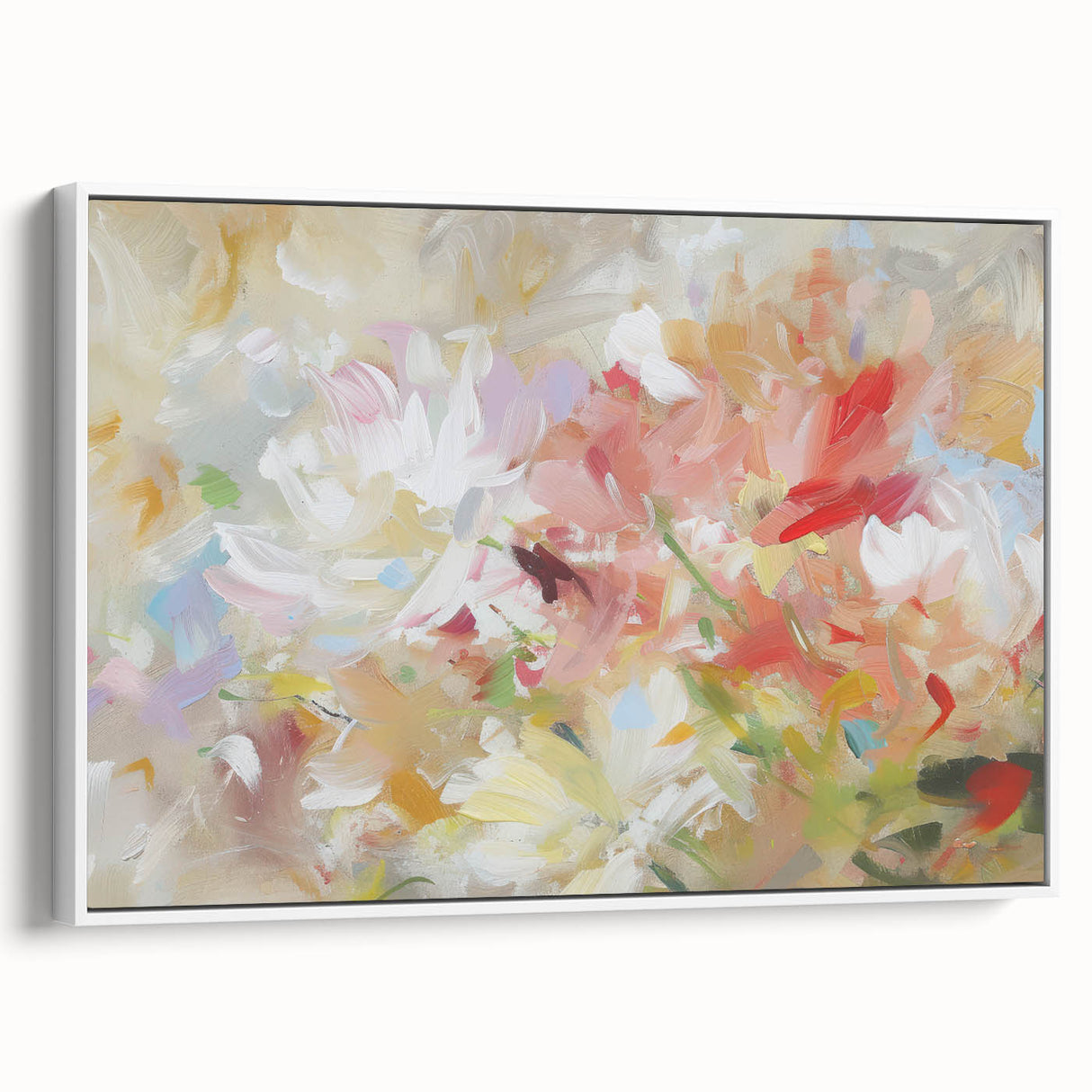 Framed canvas artwork showcasing vibrant abstract florals in shades of pink and green, displayed in a sleek white frame, ideal for modern home decor.