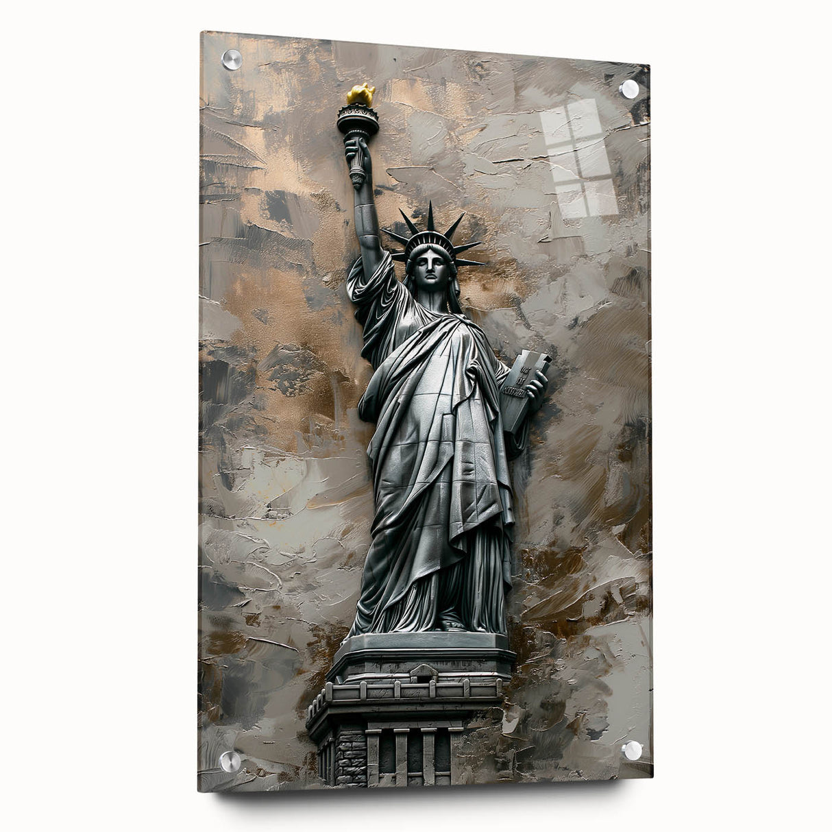 Abstract landscape wall art displayed in a side view, featuring vibrant colors and textures, mounted with pins on a sleek acrylic glass frame, ideal for modern decor.