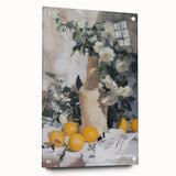 Large abstract wall art featuring an array of fruits in vibrant colors on acrylic glass, suitable for dining room decor.