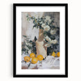Extra large abstract art print featuring colorful, textured fruits on a black framed canvas, ideal for living room decor.