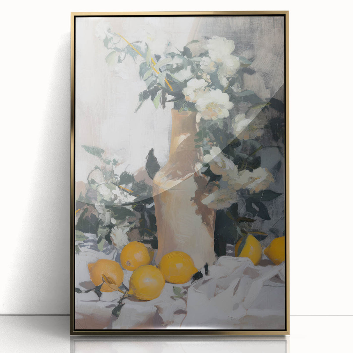 Large art print featuring an array of colorful fruits on a gold acrylic framed canvas, styled in mid-century modernist art.