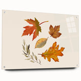 Large abstract wall art depicting fall seasons in muted orange and brown tones, acrylic glass.