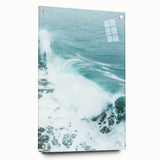 Large abstract wall art in vibrant blue and orange tones on acrylic glass, suitable for bedroom or dining room decor.