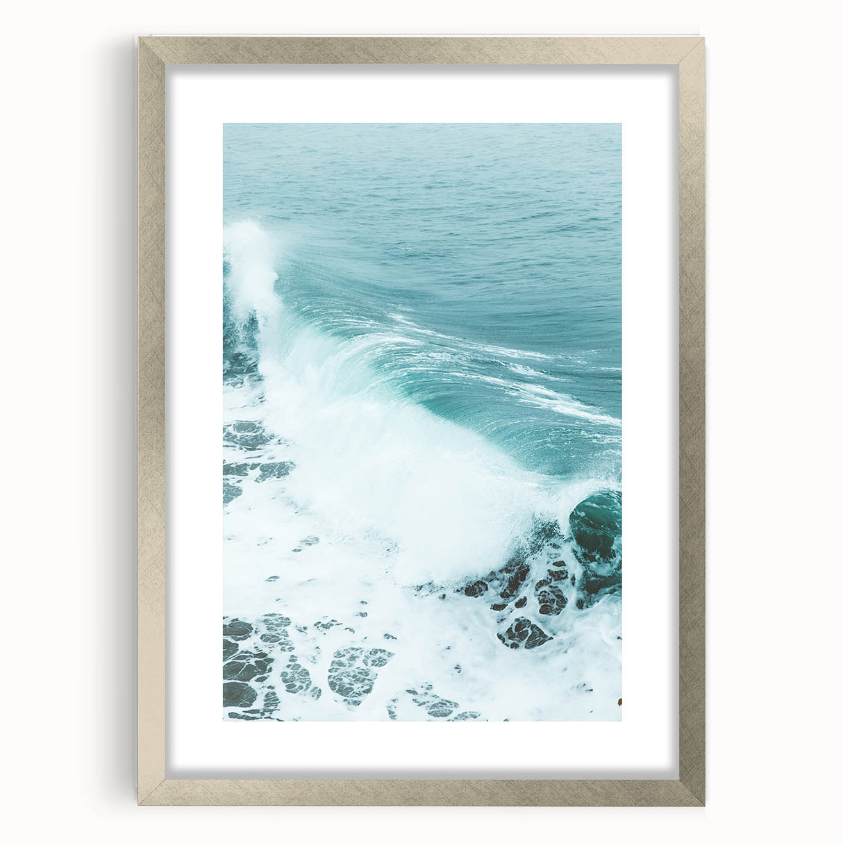 Textured abstract art print in silver frame, featuring soft gray and white swirls on canvas, suitable for bedroom decor.