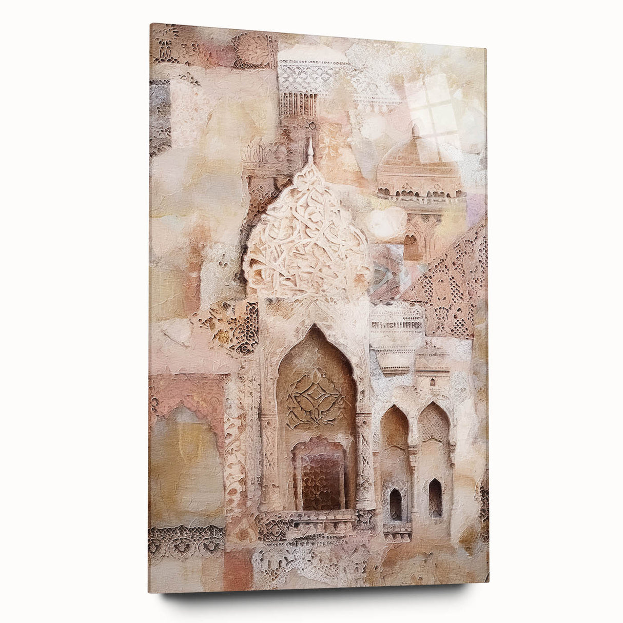 Abstract architectural wall art displayed in a sleek acrylic frame, showcasing geometric patterns in vibrant colors. The side view highlights its modern design, perfect for contemporary decor.