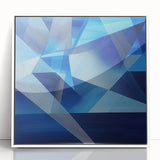 Abstract geometric framed acrylic artwork in white, showcasing vibrant colors and sharp angles, ideal for modern home decor, enhancing contemporary interiors.