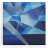 Abstract geometric canvas art featuring vibrant colors of blue, orange, and yellow. The modern design enhances contemporary decor, perfect for artistic spaces.