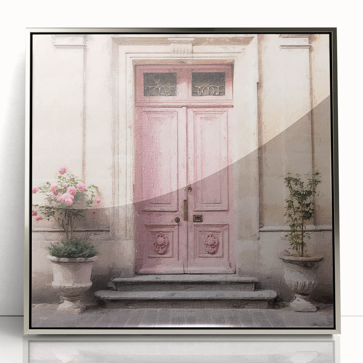 Mid-century modernist art featuring a silver-framed acrylic print of a French door design, in muted gray tones.