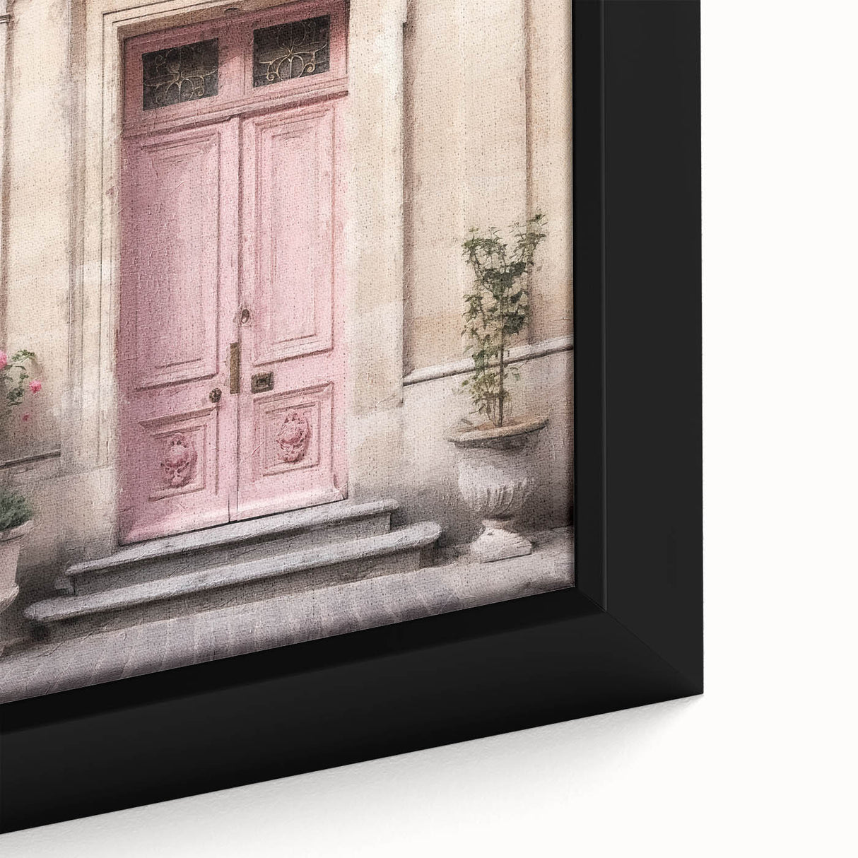 Extra large framed canvas featuring a close-up of a black, textured door with vibrant, colorful accents.