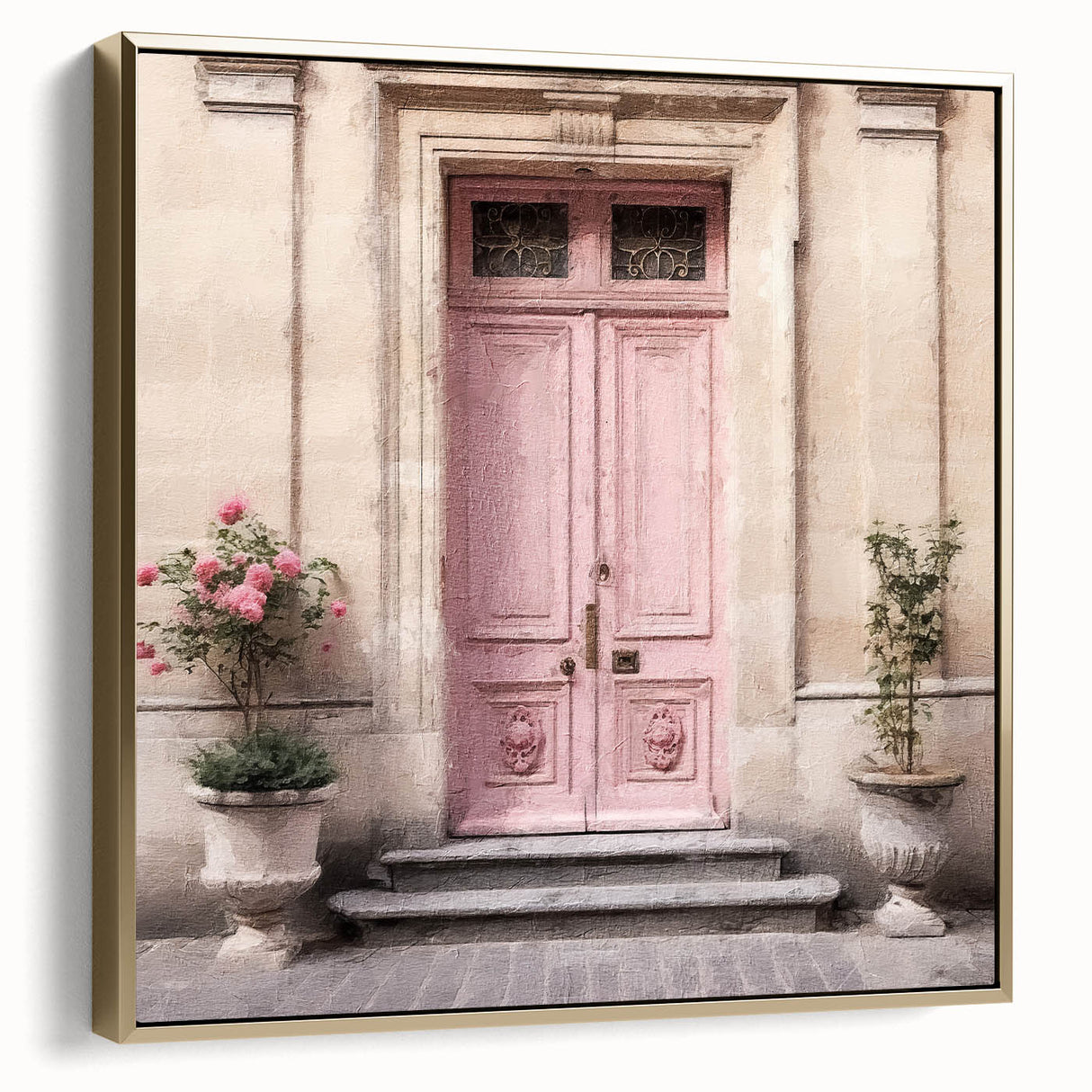Landscape art painting of a French door in silver and gold tones on framed canvas.