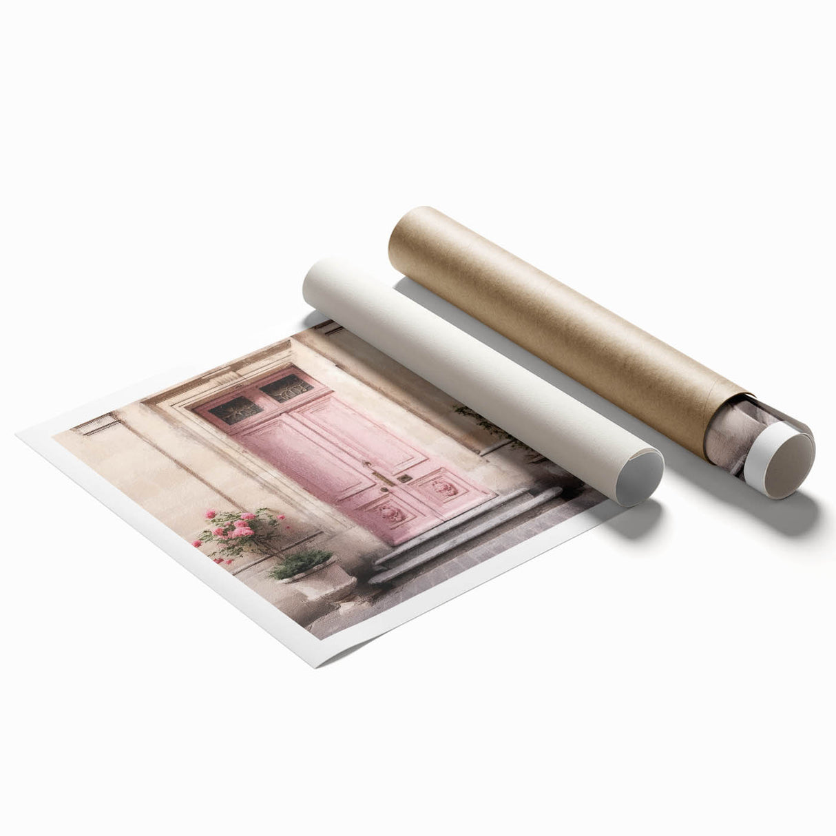 Extra large rolled print of a French door adorned with floral designs, set against a muted color palette.