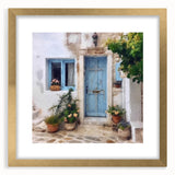 Extra large textured abstract art print featuring a Greek door design in gold tones, framed with a mat.