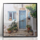 Large abstract wall art depicting a Greek door design in black and white, acrylic print in a mid-century modernist style.
