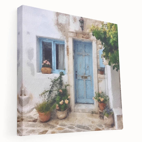 Side view of a large stretched canvas featuring a Greek architecture door design in neutral tones.