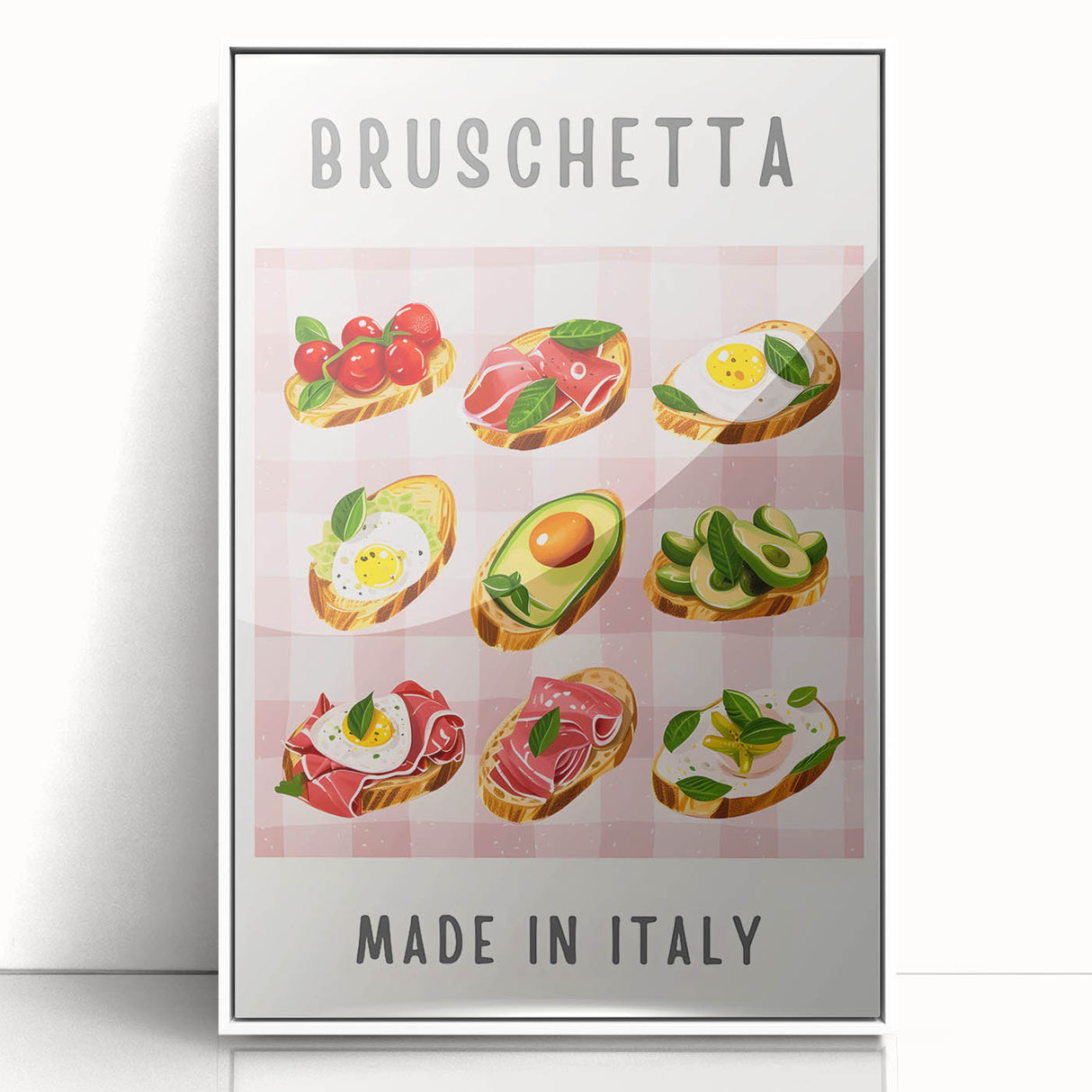 Art Deco poster featuring colorful dishes design, framed in white acrylic, suitable for modern nursery decor.